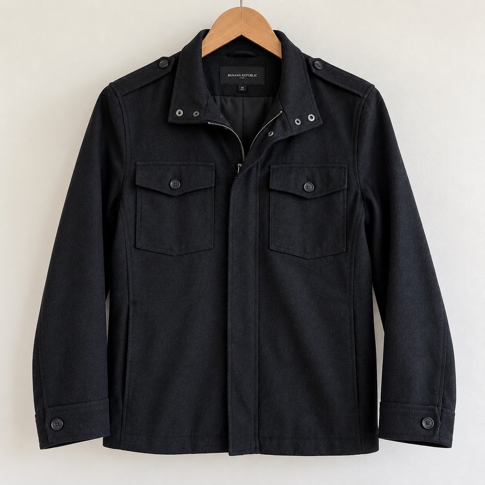Banana Republic Mens Wool Blend Military Field Jacket Black Full Zip Coat L